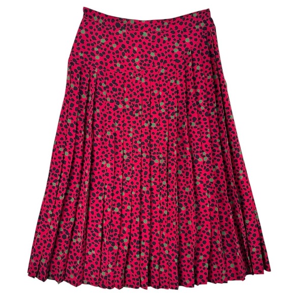 VTG 100% SILK Long Pleated Skirt Flowy Red & Black Polka Dot Print Ladies Sz 12 - Picture 1 of 10